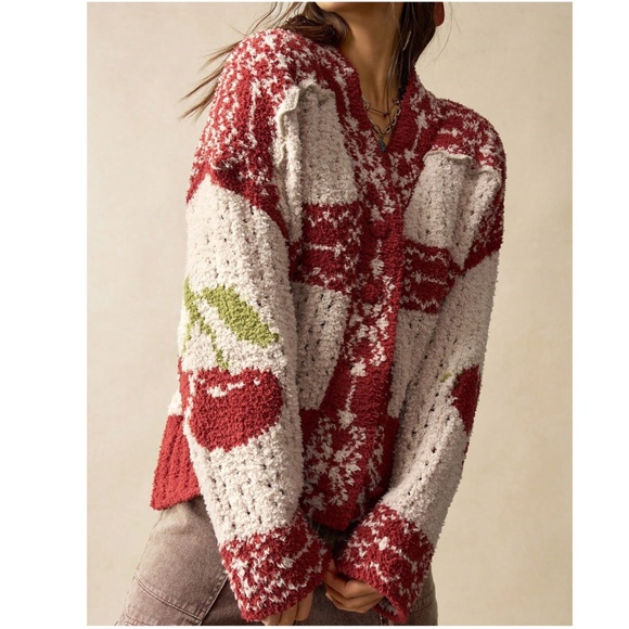 Cozy Cherry Print Berber Button Down Cardigan - Picture 5 of 6